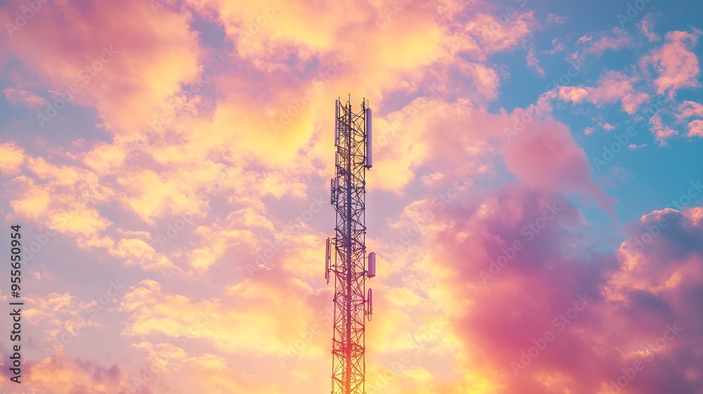 Telecommunications Tower Against Sunset Sky with Antenna. AI generated illustration Telecommunications Tower Against Sunset Sky with Antenna. AI generated illustration