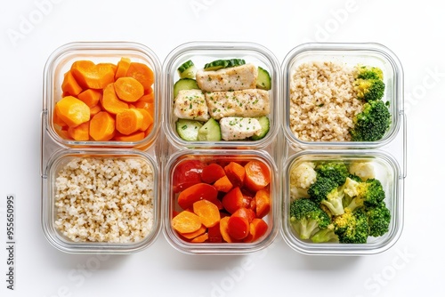 Healthy meal prep featuring colorful vegetables, lean protein, and whole grains arranged in containers