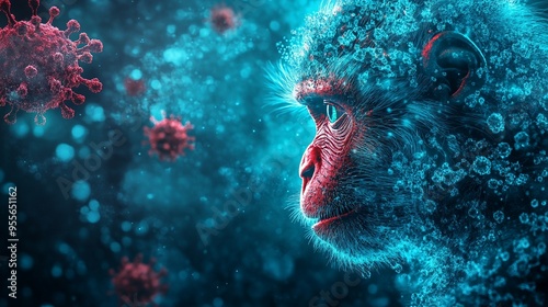 A computer image showing a monkey amidst various viruses photo