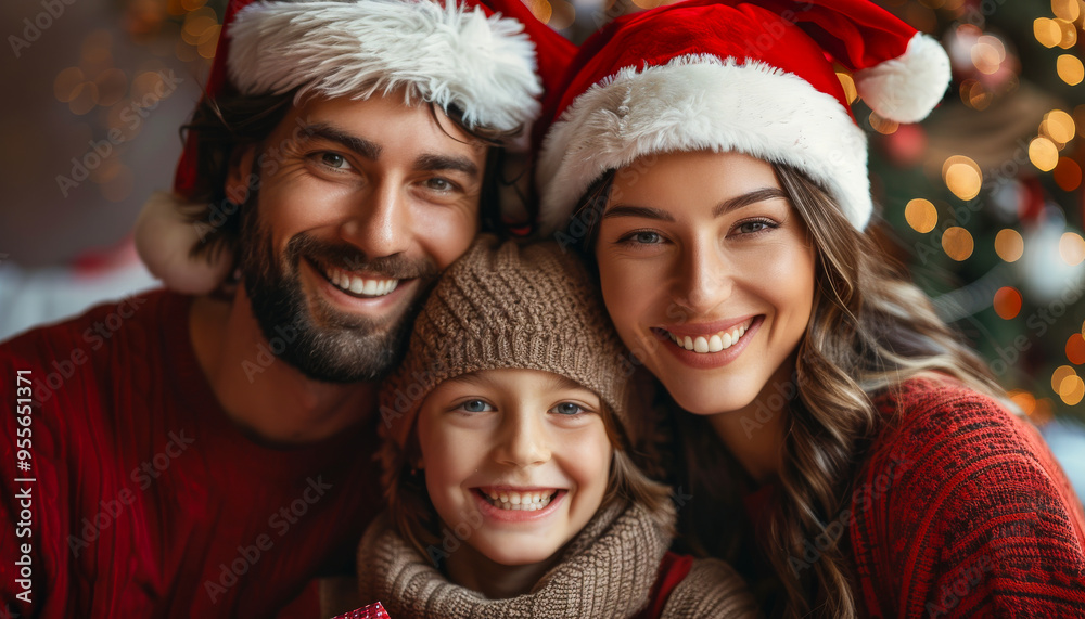 A family of three, a man, a woman and a child, are posing for a picture in front of a Christmas tree. The man is wearing a red shirt and the woman and child are wearing red hats A family of three, a man, a woman and a child, are posing for a picture in front of a Christmas tree. The man is wearing a red shirt and the woman and child are wearing red hats