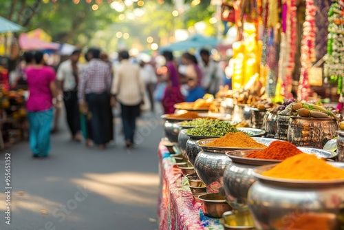 Colorful spices and lively market atmosphere in a bustling street market during daytime hours