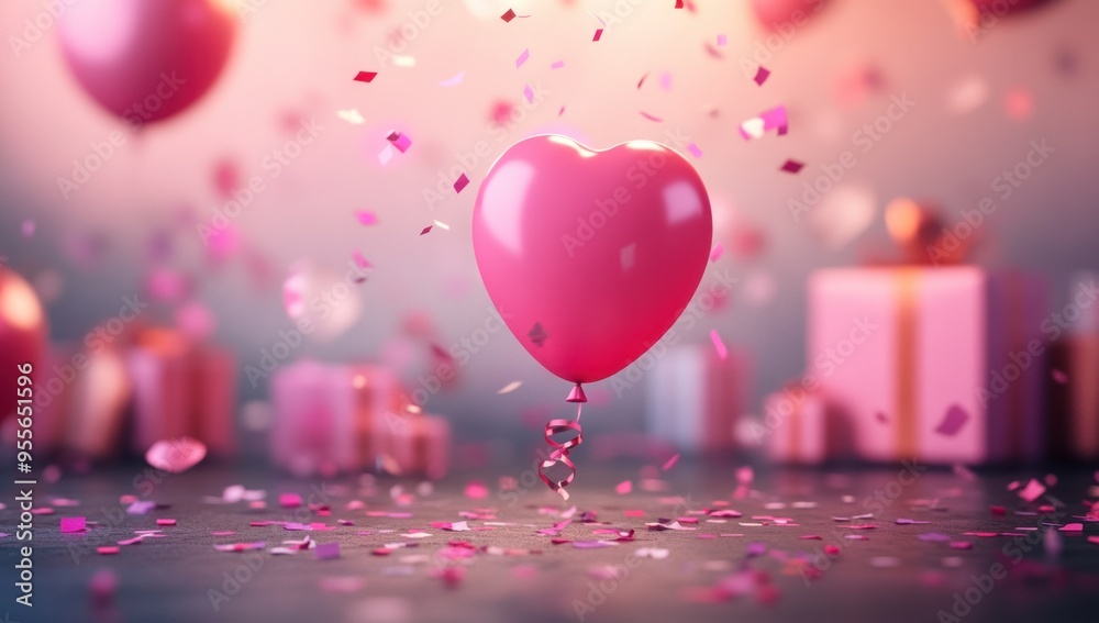 A festive scene with pink balloons, confetti and gifts in the background. A festive scene with pink balloons, confetti and gifts in the background.