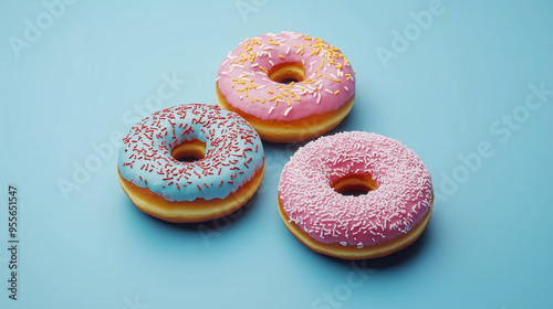  sweet donuts of different colours isolated on blue background 