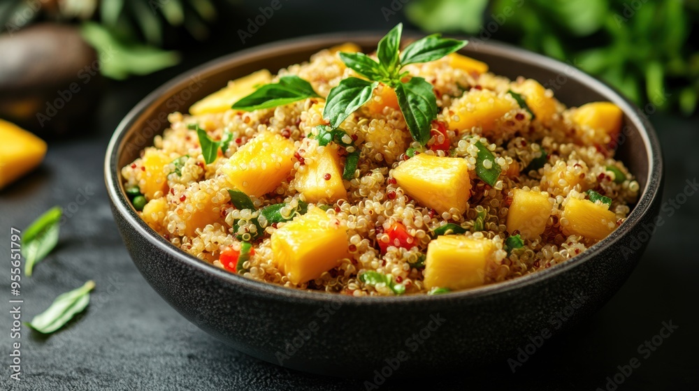 tropical quinoa salad with fresh pineapple and mango chunks, a delicious and rejuvenating dish concept displayed on a banner