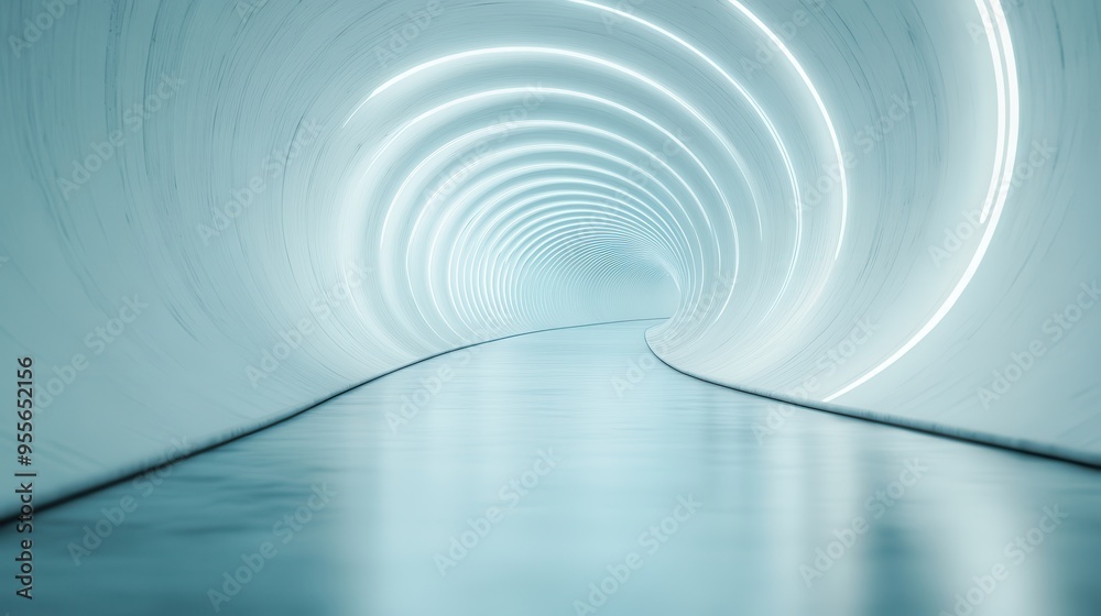 A modern, highly illuminated tunnel with a curved design, featuring sleek lines and bright lights, creating an ethereal and futuristic atmosphere for travel or exploration. A modern, highly illuminated tunnel with a curved design, featuring sleek lines and bright lights, creating an ethereal and futuristic atmosphere for travel or exploration.