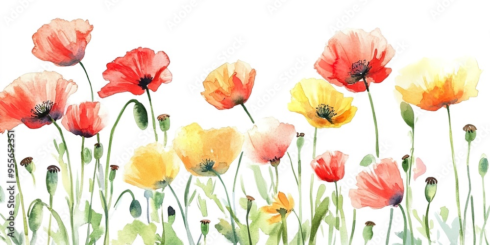 Fototapeta premium Watercolor painting of red and yellow poppies blooming in a field with a white background