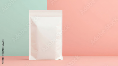 Minimalist white pouch with zip lock on pastel pink background photo