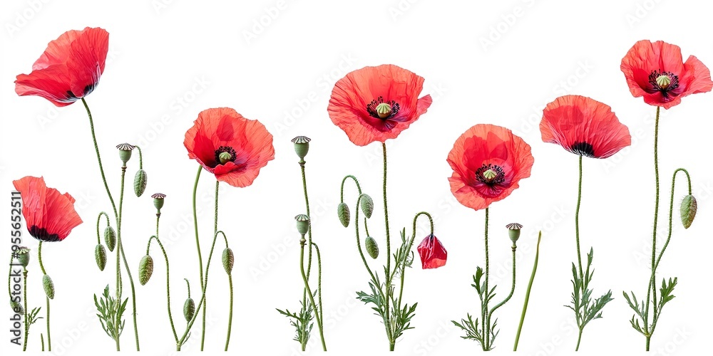 Collection of Red Poppy Flowers on white background Collection of Red Poppy Flowers on white background