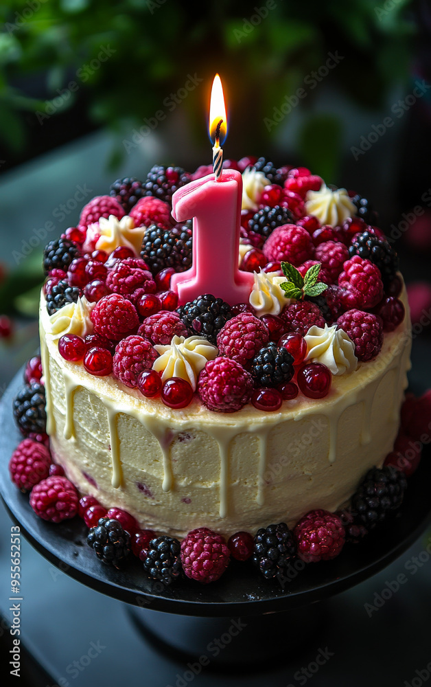 A cake with a lit candle on top and berries on the sides. The cake is decorated with a pink number 1 candle A cake with a lit candle on top and berries on the sides. The cake is decorated with a pink number 1 candle