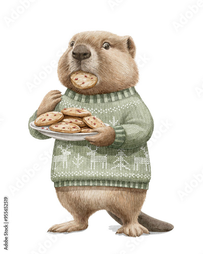 Watercolor Christmas vintage cute little beaver in green sweater clothes holds plate and eats cookies isolated on white background. Hand drawn illustration sketch