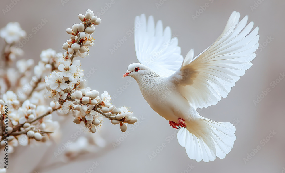 Obraz premium A white dove is flying over a branch with white flowers. Concept of peace and freedom, as the bird soars through the air with grace and ease. Dove of peace