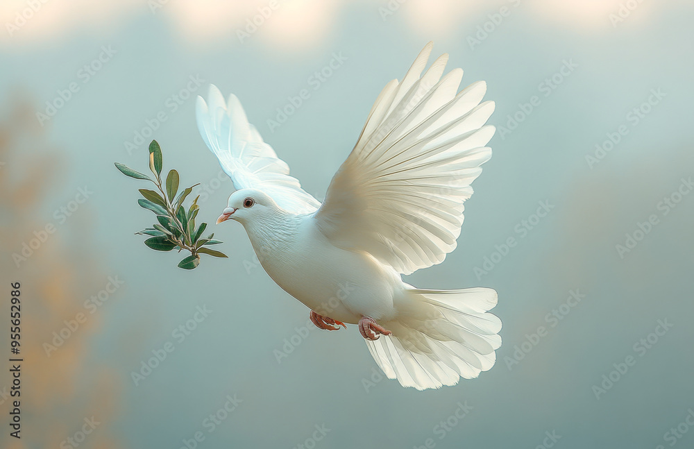 Fototapeta premium A white dove is flying with a leaf in its beak. Concept of peace and tranquility, as the dove is a symbol of hope and freedom. Dove of peace
