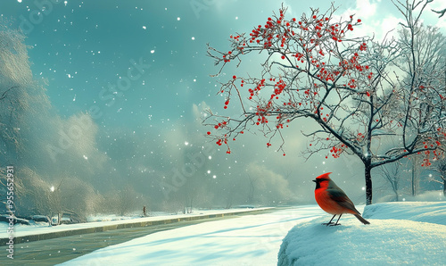 Winter scene with cardinal bird on snowy branch and red berries. 