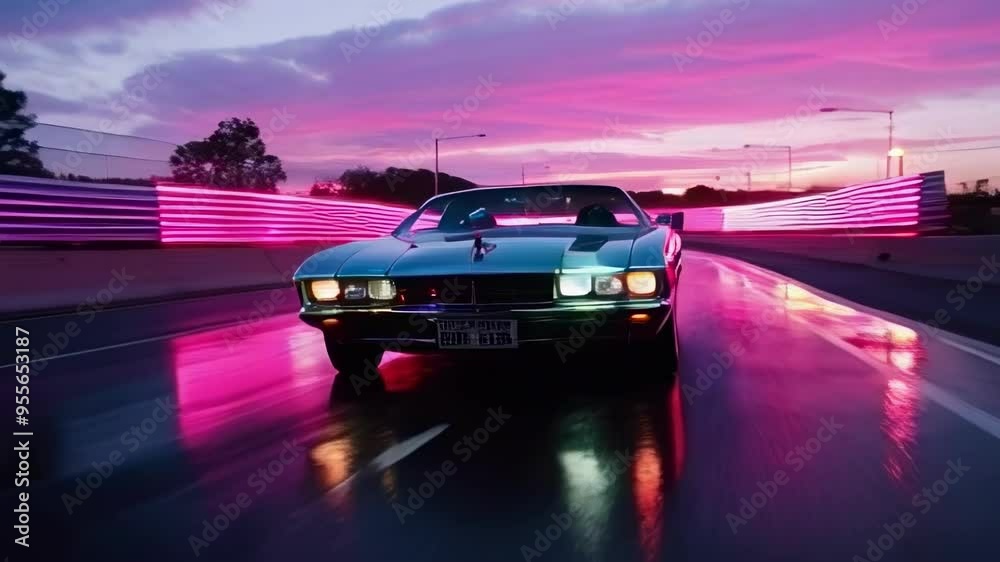 Classic car cruising on a wet road under vibrant lights at sunset ...