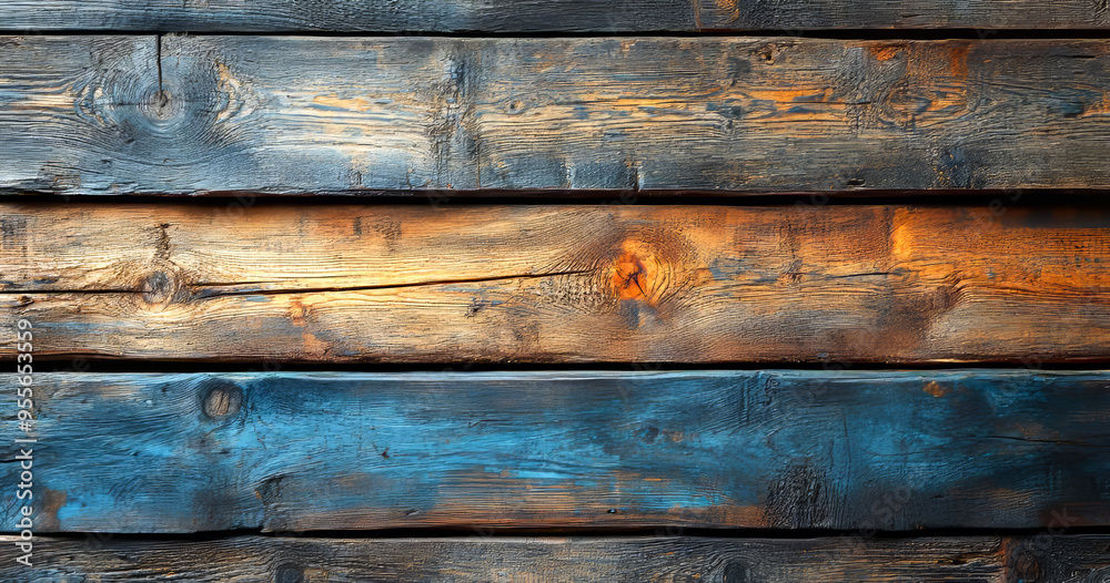 Fototapeta premium A wooden surface with a blue stripe and a brown stripe. The wood appears to be old and weathered, giving the surface a rustic and natural feel. The blue and brown colors create a sense of contrast