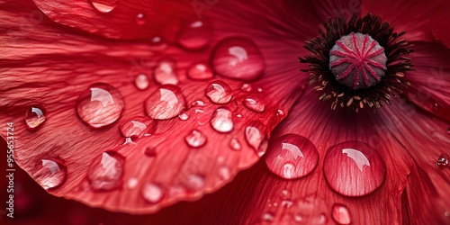 A close-up photo showcasing a stylized poppy flower in a vivid red hue, adorned with delicate water droplets.