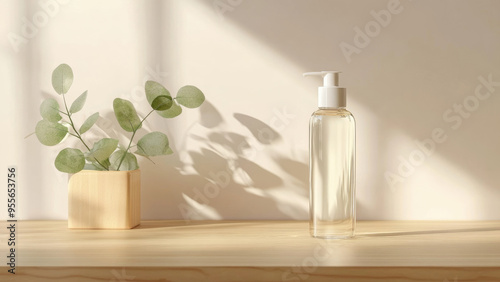 Transparent spray bottle in minimalistic light-filled setting photo