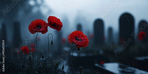 Red poppies in focus with rain in a misty, dark graveyard, concept for the Time of Remembrance and Reconciliation for Those Who Lost Their Lives During the Second World War photo