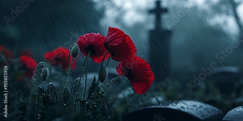 Red poppies in focus with rain in a misty, dark graveyard, concept for the Time of Remembrance and Reconciliation for Those Who Lost Their Lives During the Second World War photo