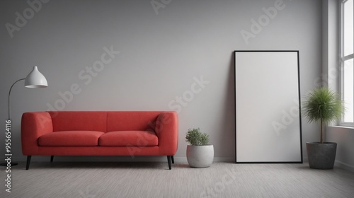 A modern living room with a pink sofa set, decorative items and other furniture set 3d illustration. An empty wall art frame mock-up template on the wall.