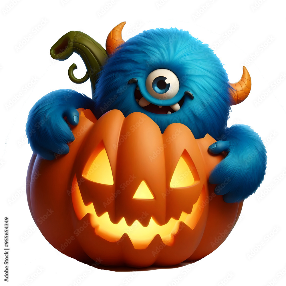 Naklejka premium Cute Monster: Peeking Out of a Jack-o'-lantern, isolated on transparent background.