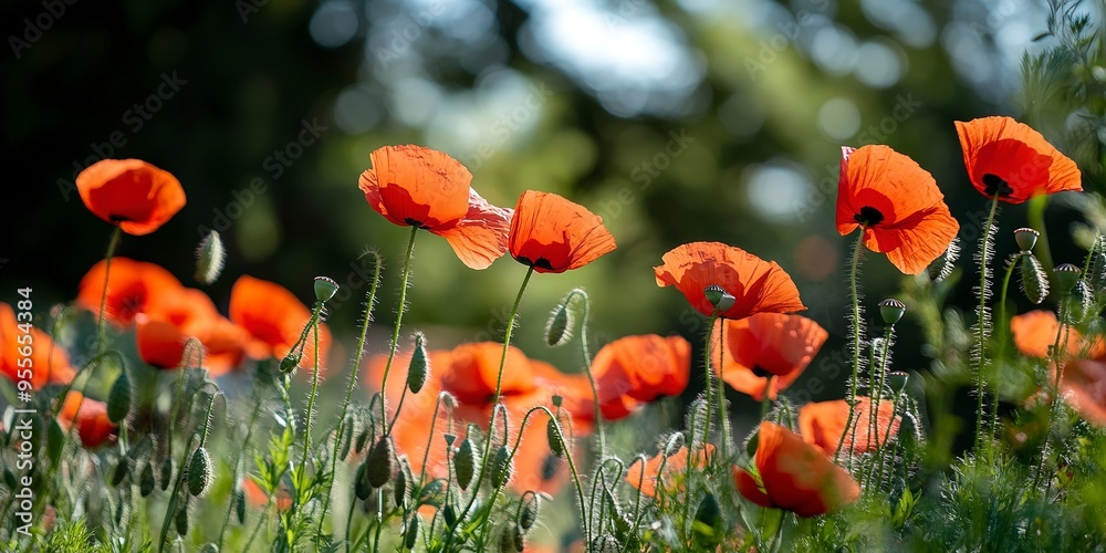 Obraz premium botanical field with red poppy flowers in summer day 