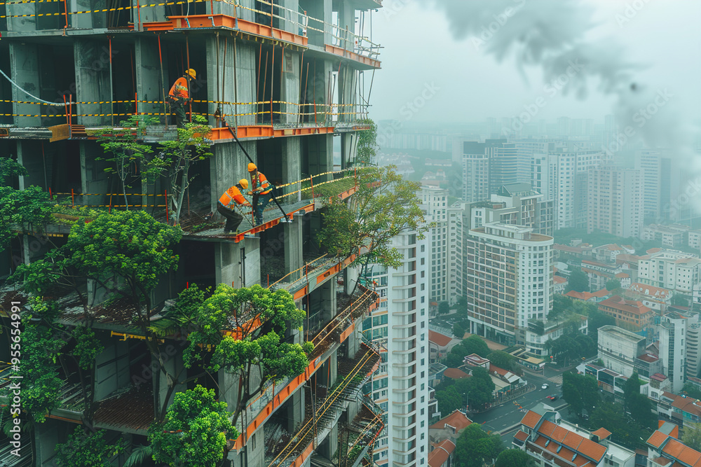 Obraz premium Architects designing buildings integrated with vertical forests, promoting urban greenery