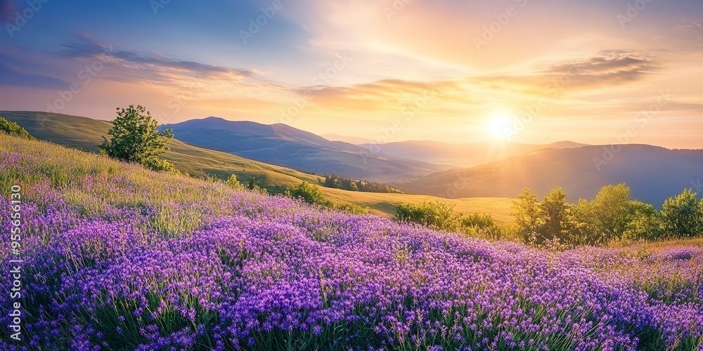 Fototapeta premium beautiful panorama rural landscape with sunrise and blossoming meadow purple flowers flowering on spring field phacelia