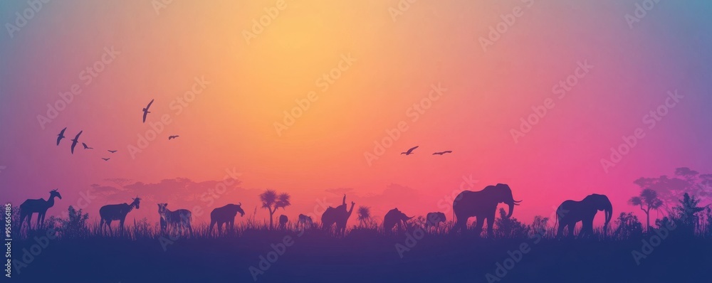 Fototapeta premium Stunning African wildlife silhouettes against a vibrant sunset sky, featuring elephants, birds, and more in a serene natural landscape