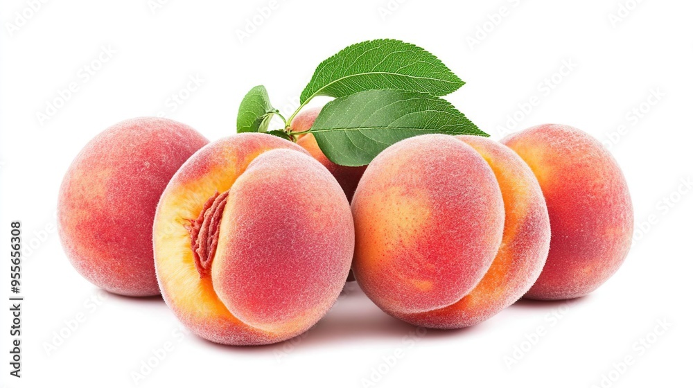 A cluster of ripe peaches with a green leaf, showcasing fresh fruit. A cluster of ripe peaches with a green leaf, showcasing fresh fruit.