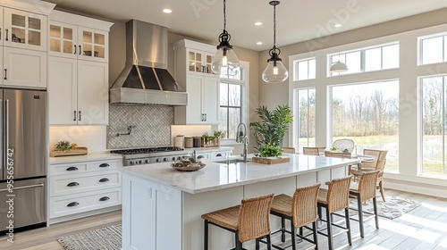 Modern white kitchen with island and view in new luxury home photo