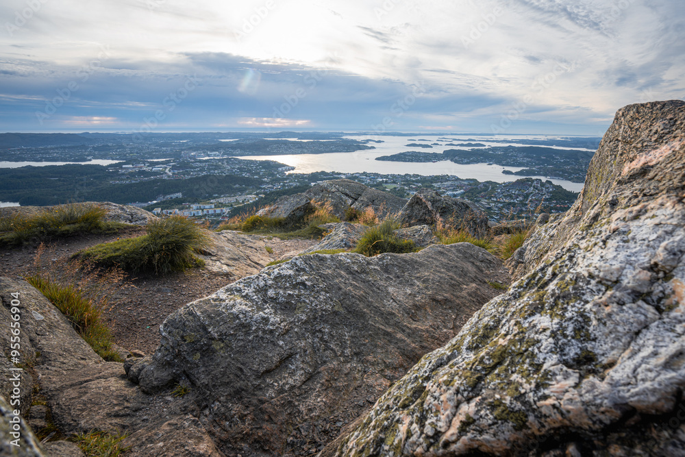 Fototapeta premium Top down panorama landscape view on Bergen from Lyderhorn in Norway with rocks