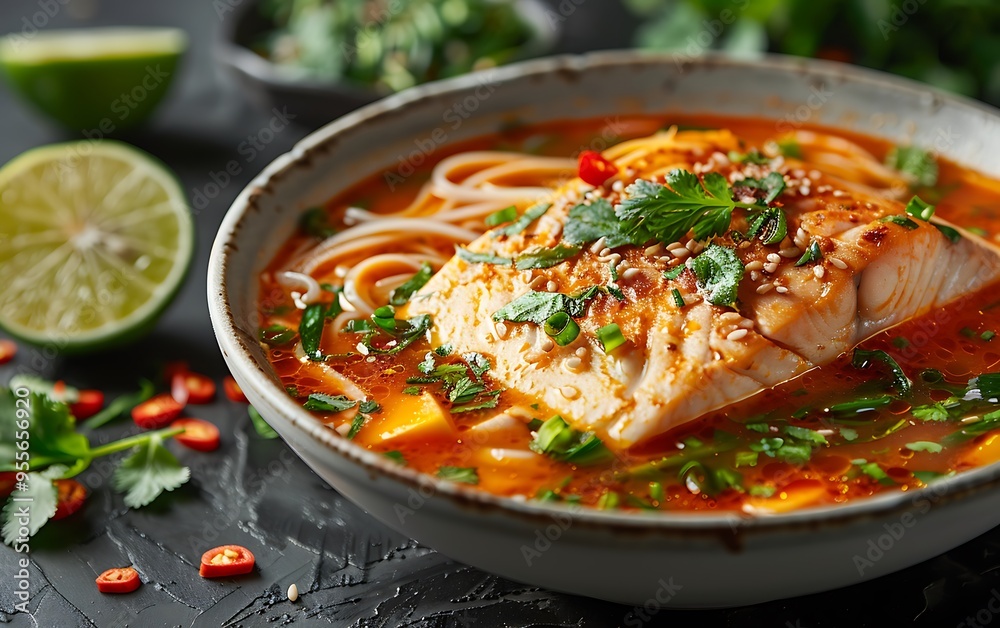 A bowl of spicy salmon noodle soup with fresh herbs and lime. A bowl of spicy salmon noodle soup with fresh herbs and lime.