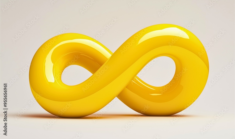 A bright yellow infinity loop rendered in a smooth, glossy finish, symbolizing endless possibilities and continuity. The minimalistic design makes it ideal for modern concepts and abstract art. A bright yellow infinity loop rendered in a smooth, glossy finish, symbolizing endless possibilities and continuity. The minimalistic design makes it ideal for modern concepts and abstract art.