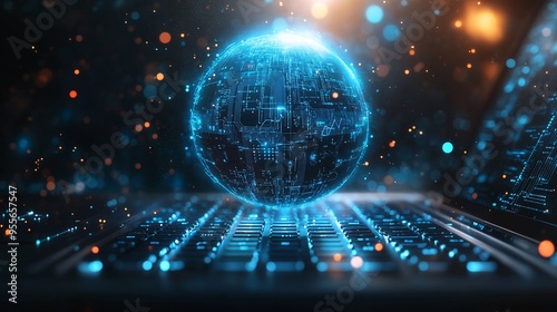 Global Digital Connectivity Concept with Glowing Digital Globe and Circuit Patterns Above Laptop Keyboard