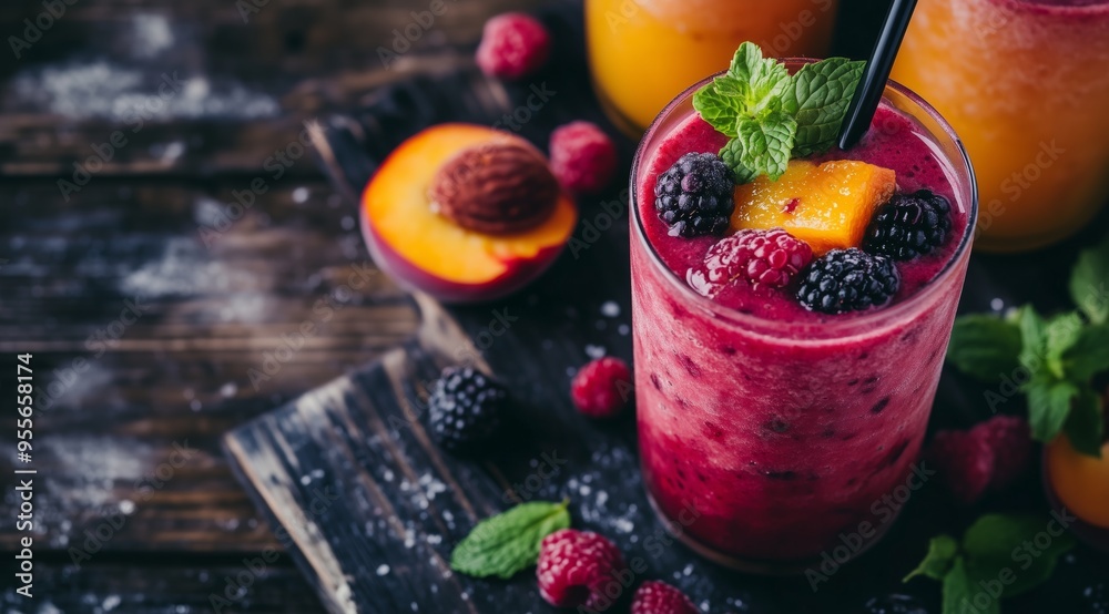 Vibrant Smoothie with Mixed Berries, Peach Puree, Orange Juice, and Mint Leaves on Dark Wooden Table