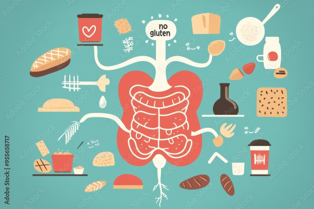 Flat illustration of a stylized infographic explaining celiac disease ...