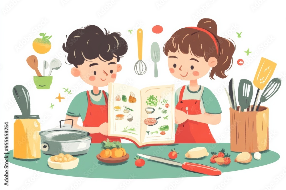 Flat illustration of children reading a recipe book together, planning a meal, with kitchen utensils and ingredients around them, in a whimsical and engaging style Flat illustration of children reading a recipe book together, planning a meal, with kitchen utensils and ingredients around them, in a whimsical and engaging style