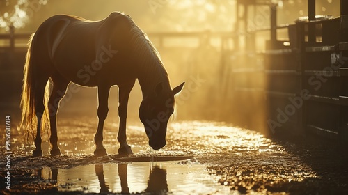 A horse drinking from a trough in a sun-drenched stableyard, with the sunlight creating dappled patterns on the ground, capturing the calm and steady rhythm of farm life, with the horse’s sleek coat g photo