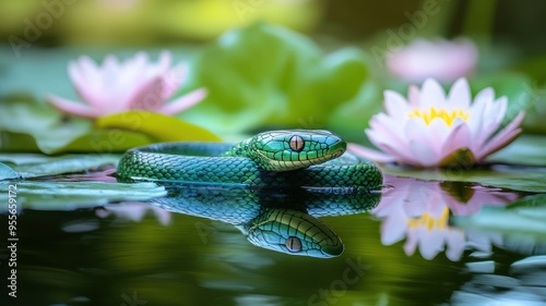 Detailed green snake and wa...