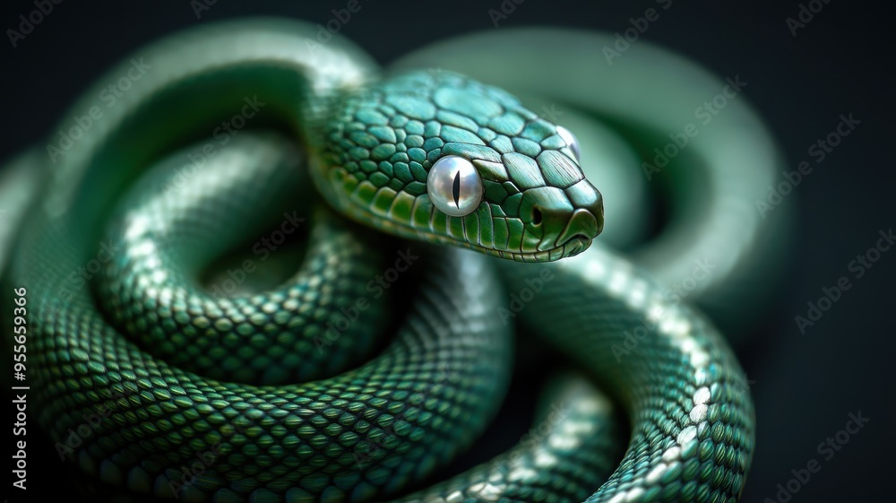 Green wooden snake with intricate design and pearlescent eyes, capturing attention.