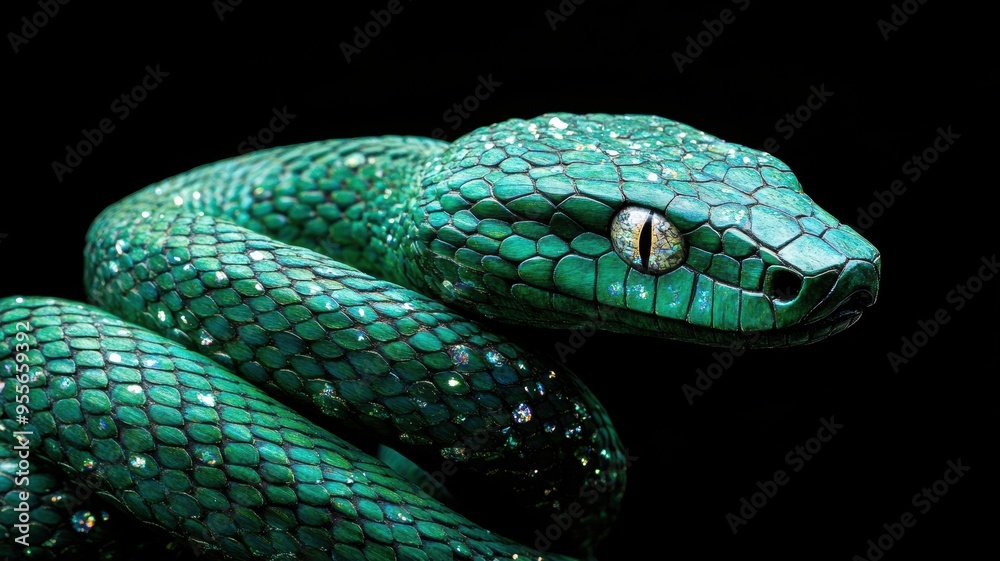 Intricately carved green snake with bright emerald eyes, symbolizing 2025.