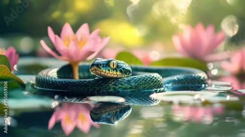 Detailed green snake and wa...