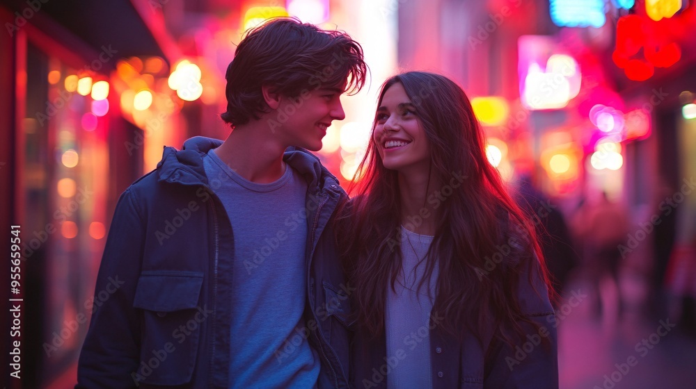 Young Couple Embracing Urban Vibes: Casual Stroll Through Vibrant City Street Young Couple Embracing Urban Vibes: Casual Stroll Through Vibrant City Street