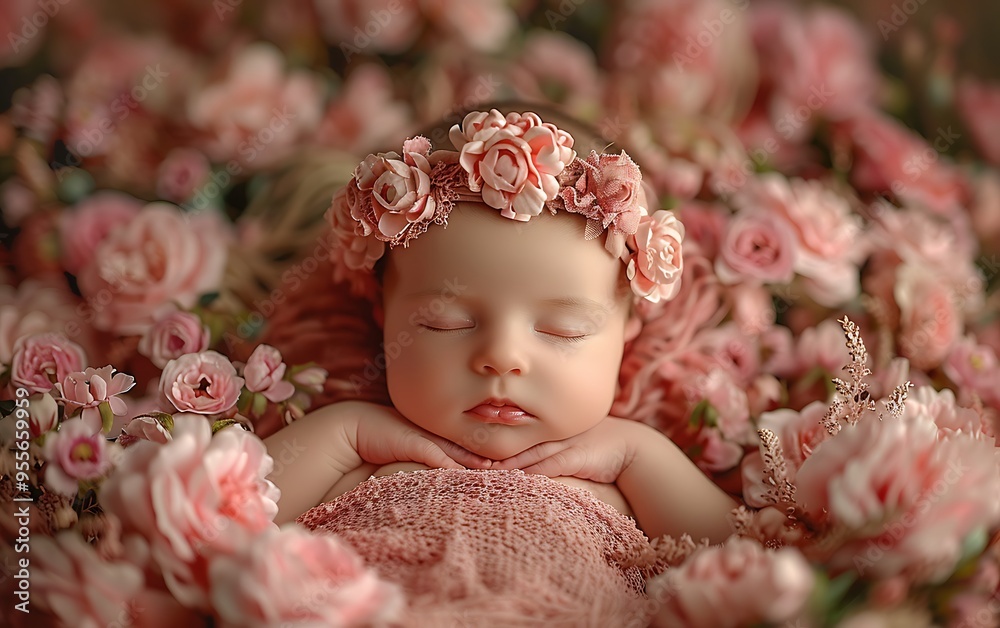 A sleeping newborn baby girl wearing a flower crown lies surrounded by pink flowers. A sleeping newborn baby girl wearing a flower crown lies surrounded by pink flowers.