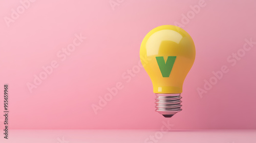 3D vector illustration of a yellow light bulb with a green check mark, isolated on a pastel background. Represents a concept of startup creativity, idea technology, innovation, vision, and investment.