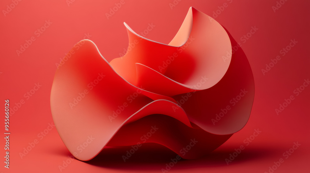 This design features an abstract 3D shape set against a striking red background. The shape is characterized by smooth curves, sharp angles, or complex geometrical patterns, giving it a dynamic and mod