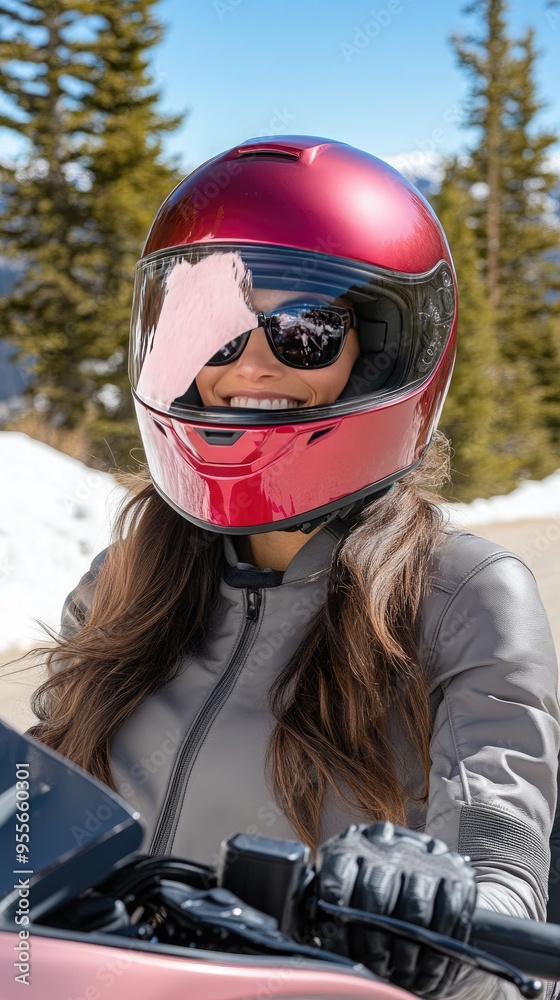 A woman wears a pink motorcycle helmet, smiles and gazes to the side at a ski resort, her hair blowing in the wind as the sun shines brightly around her. A woman wears a pink motorcycle helmet, smiles and gazes to the side at a ski resort, her hair blowing in the wind as the sun shines brightly around her.