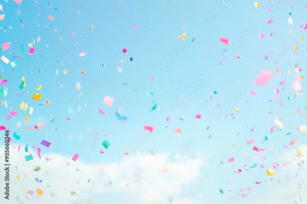 Beautiful background with flying confetti and ribbons against a light blue sky, blurred for a celebration or party concept. Beautiful background with flying confetti and ribbons against a light blue sky, blurred for a celebration or party concept.