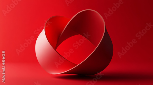 This design features an abstract 3D shape set against a striking red background. The shape is characterized by smooth curves, sharp angles, or complex geometrical patterns, giving it a dynamic and mod